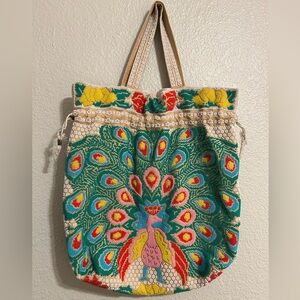 Vintage Beaded Drawstring Bag – Colorful Peacock Design